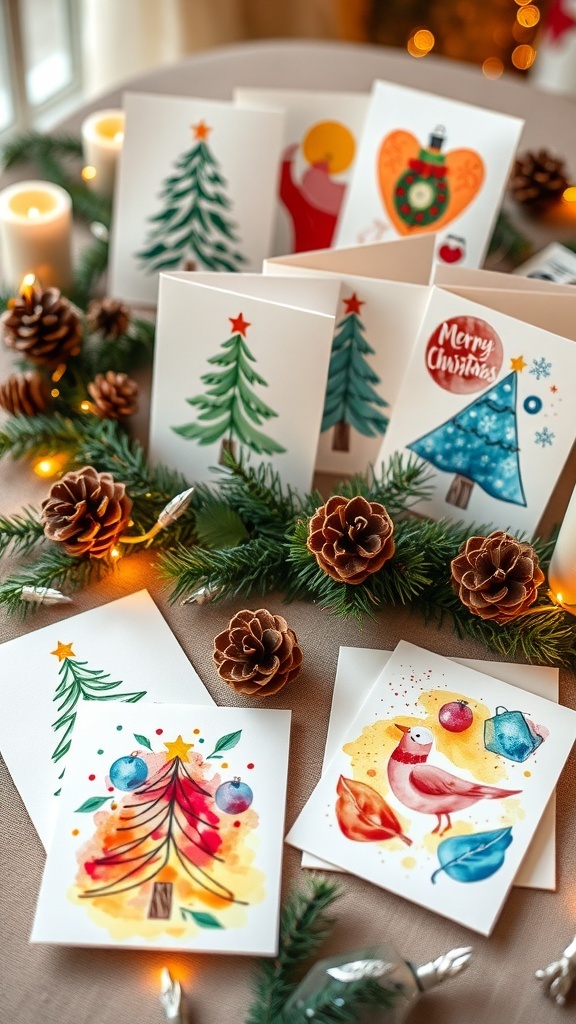 A collection of colorful handmade Christmas cards with festive designs on a decorated table.